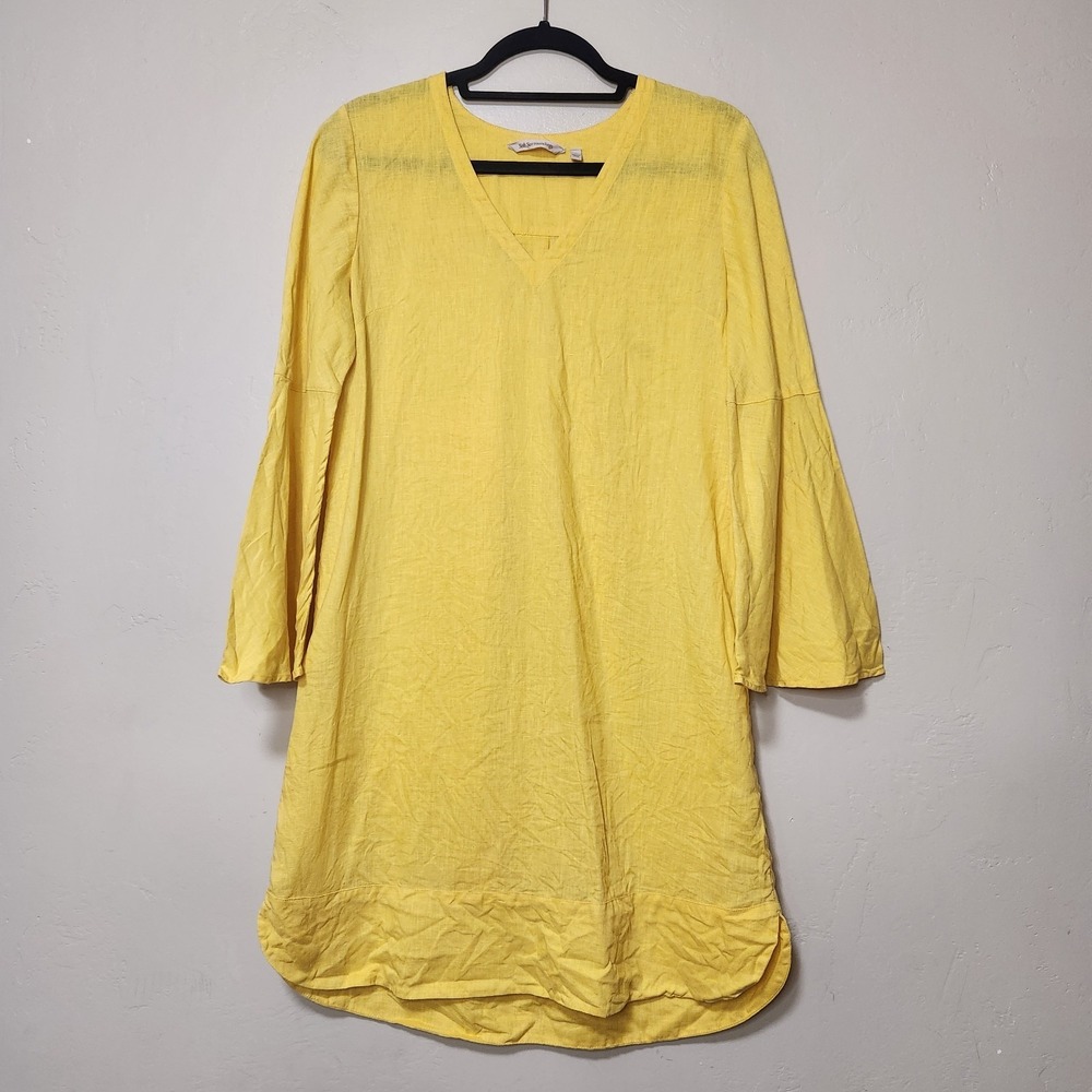 Soft Surroundings Linen Yellow Bell Sleeve Dress Size Small V-neck